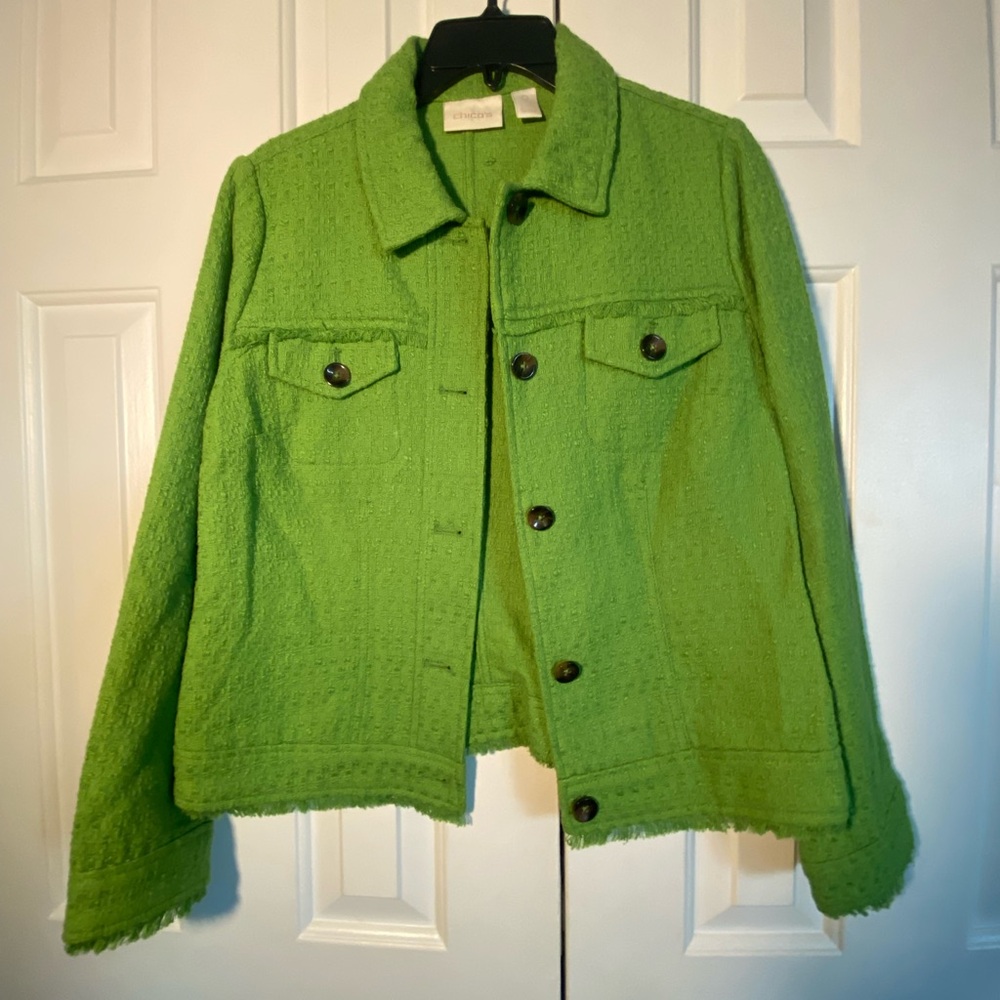Chico's Bright Green Bouclé Jacket with Button Front
